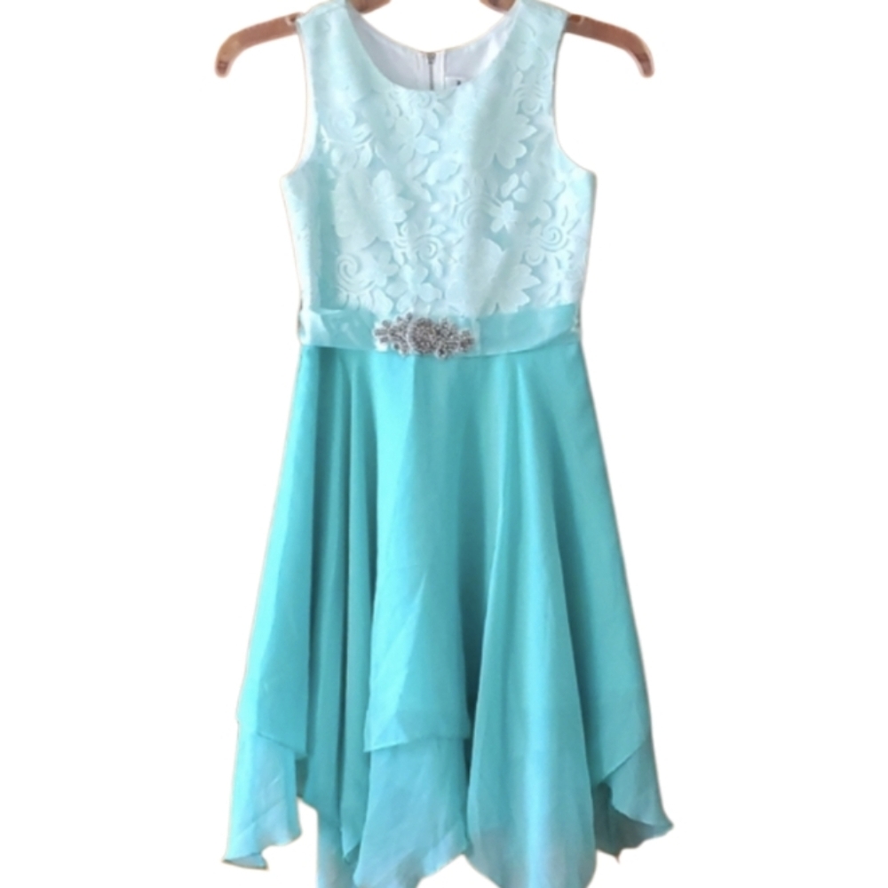 Rare Editions Aqua Kids Dress with Floral Lace & Handkerchief‎ Hem Size 10 Girls